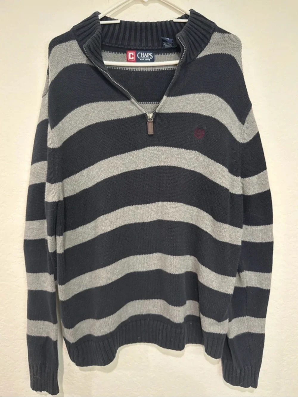 Chaps striped cotton quarter zip vintage style Ralph Lauren chaps grey sweater